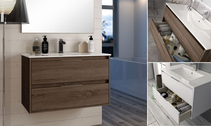 Ensemble meuble de salle de bains Siri 60 cm 2 tiroirs laqué blanc brillant 60 x 46.5cm, Melaminé, pour intérieur et extérieur